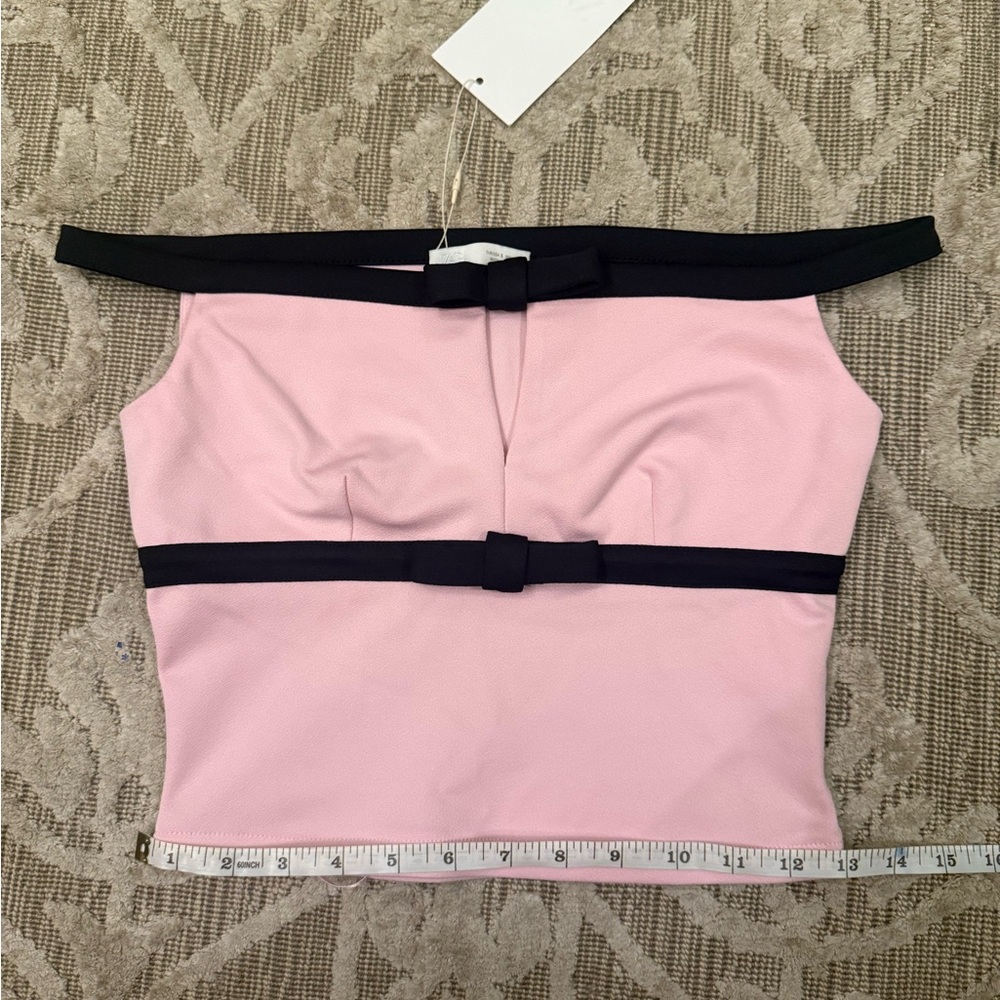 NWT Zara TIE FRONT CROP TOP Pink Black Bow Off The Shoulder Top Size Small - Picture 12 of 13